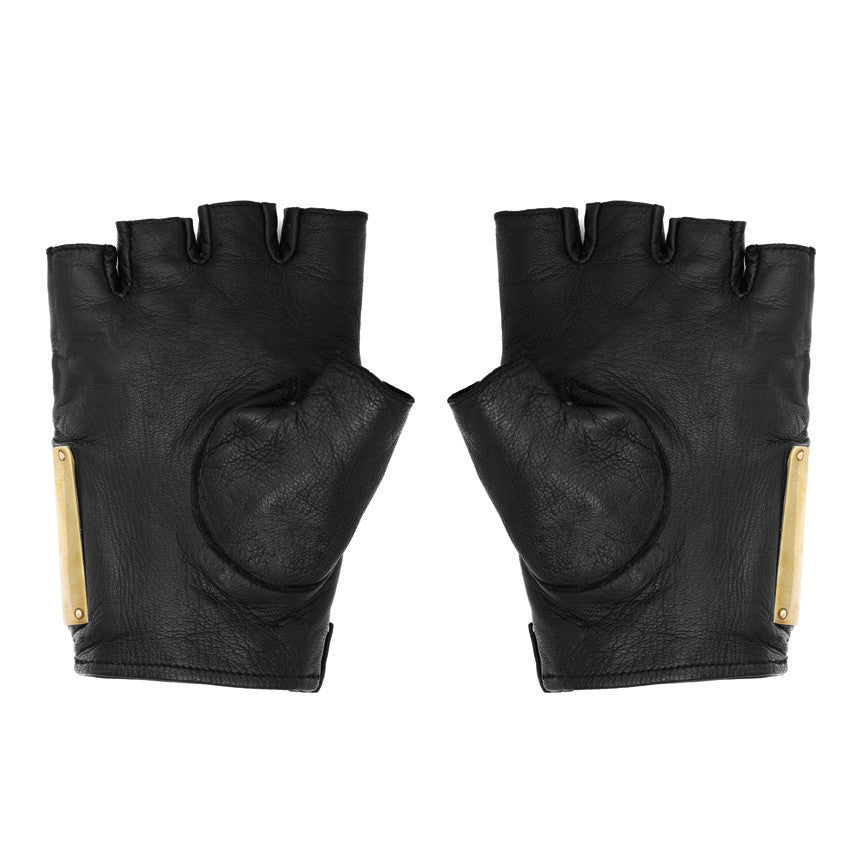Palm side of black leather fingerless gloves 
