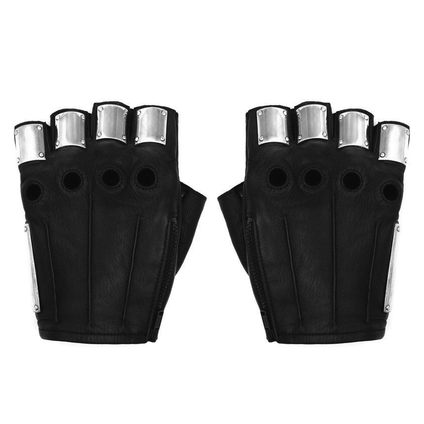 Black Leather Fingerless Gloves with metal knuckle plates in silver