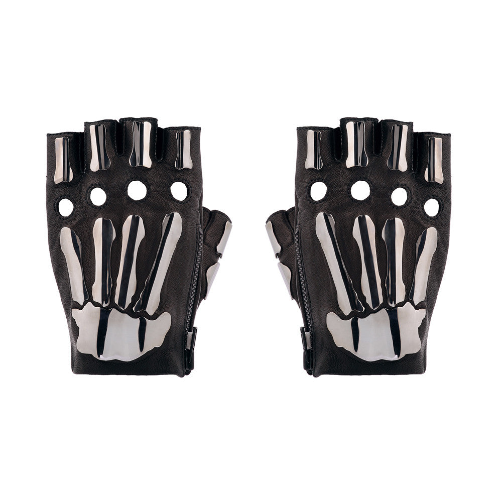 Fingerless Metal Bones Gloves Mens Size 9.5 / Black Leather / Gunmetal