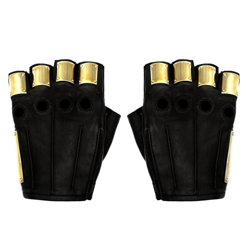 Black Leather Fingerless Gloves with metal knuckle plates in gold
