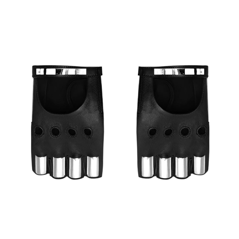 Pair of black gloves with metallic cuff accents on a white background